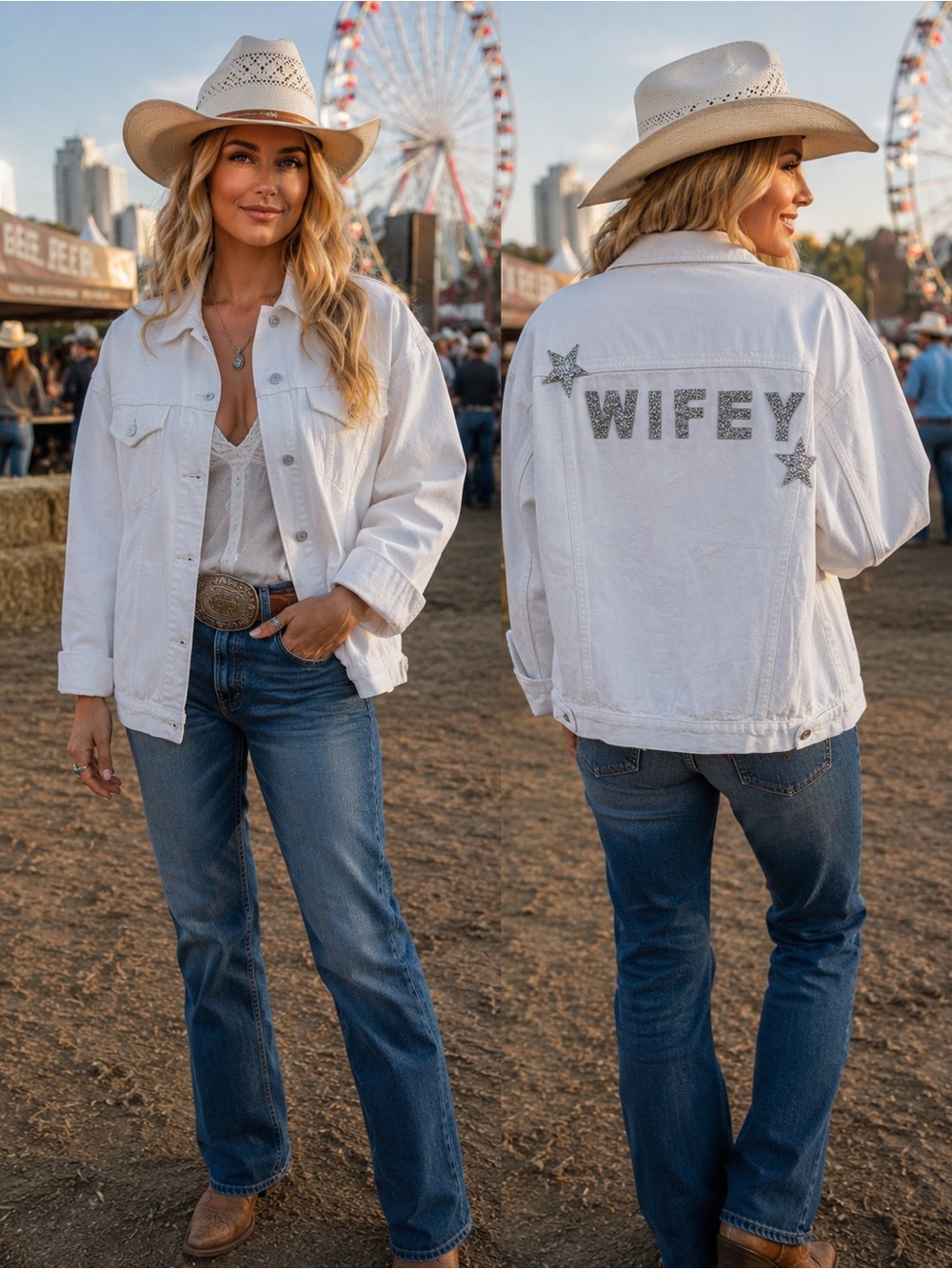 White 'Wifey' Denim Jacket with Embellished Back- calgary stampede vibes